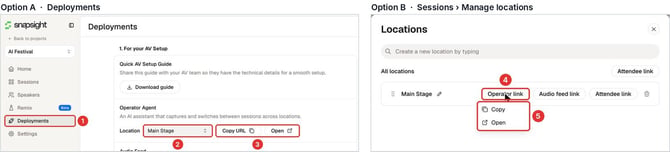 Operator link in Deployments and in Manage locations