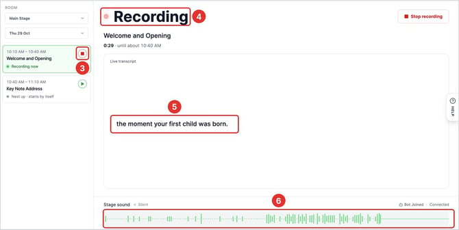 Operator recording with live text and moving sound bars